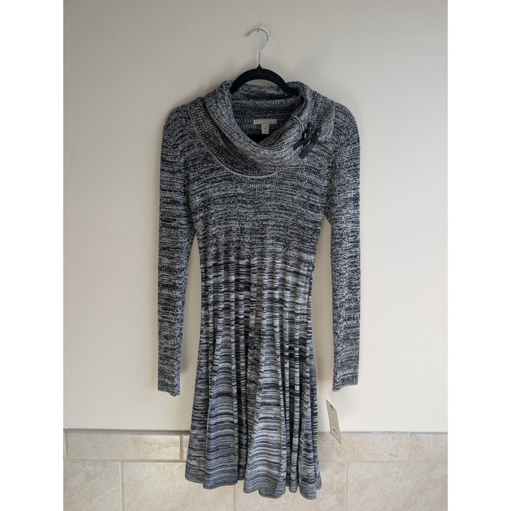 Dana Buchman NWT M Black White Cowl Neck Buckle Long Sleeve Sweater Dress